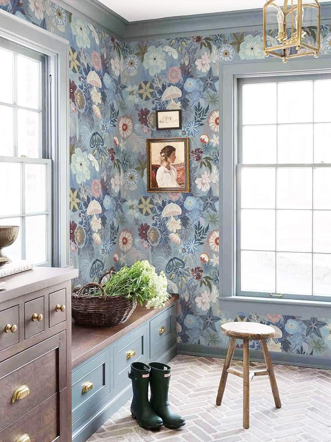 Ismoon Blue Wallpaper Peel and Stick Vintage Floral Contact Paper Jellyfish Ocean Stick on Wall Paper Removable Self Adhesive Vinyl Wallpaper for Bedroom Wall Decor Cabinet 17.3x78.7in