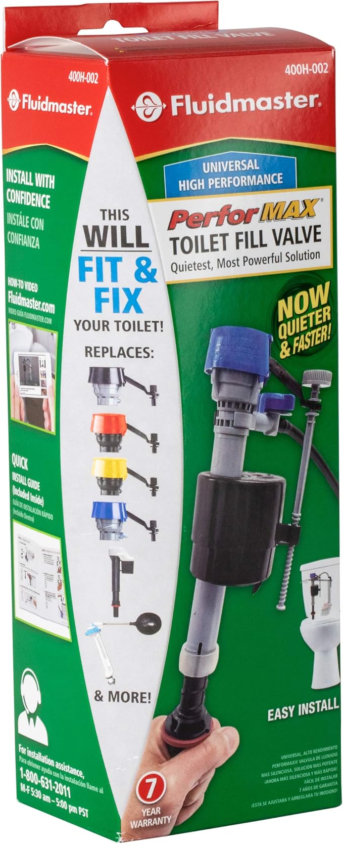 Fluidmaster 400H-002 Performax Universal Toilet Fill Valve High Performance Tank and Bowl Water Control, 1-Pack, Multicolor