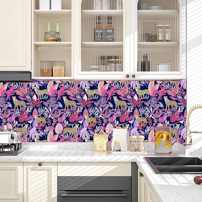 Purple Vintage Leopard Peel and Stick Wallpaper 17.5" x 787" | Waterproof Vinyl Self Adhesive Removable Renter Friendly Floral Contact Paper
