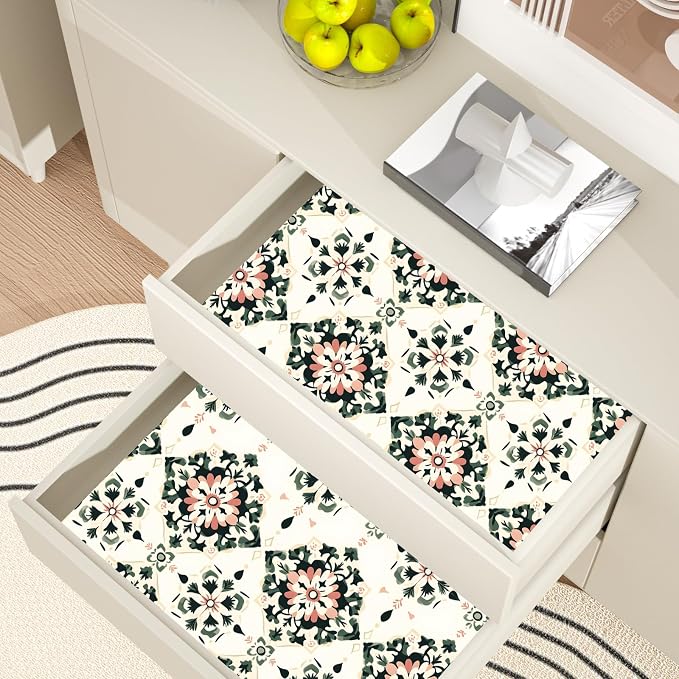 BOKEBEVE Boho Floral Peel and Stick Wallpaper Beige Green 17.5 x 118In | Symmetry Contact Paper Modern Wall Paper for Bedroom Accent Walls Laundry Nursery Pantry Renter Friendly Removable