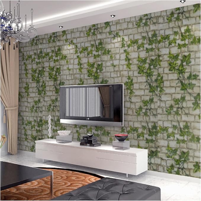 Green Leaves Brick Wallpaper Peel and Stick Realistic Distressed Textured Waterproof Self Adhesive Contact Paper Vintage Removable Vinyl Wall Paper Faux Brick Look Wall Covering 23.6"x393"