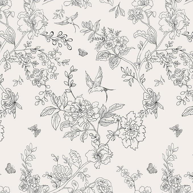 Froluya Black and Cream White Floral Wallpaper Peel and Stick Wallpaper 17.7in×393.7in Vintage Floral Contact Paper Flowers Birds Removable Self Adhesive Decorative Wall Paper for Bathroom Cabinets