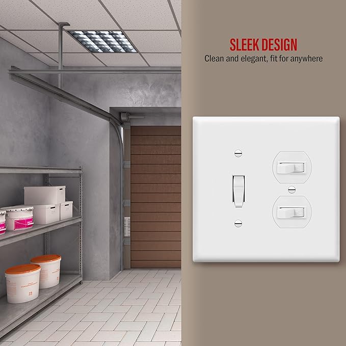 ENERLITES Combination Toggle Light Switch/Duplex Receptacle Outlet Wall Plate Cover, Midway Size 2-Gang 4.88" x 4.92", Polycarbonate Thermoplastic, UL Listed, 881121M-W, White