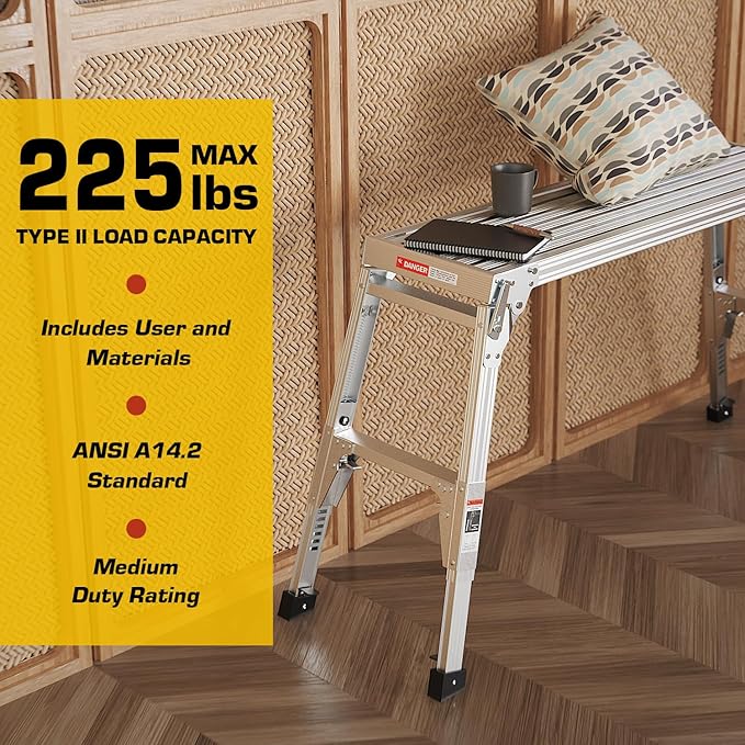 40" Aluminum Folding Work Platform/Step Stool with Telescoping Legs 22" - 27.5" Height Adjustable - 225 lbs, Non-Slip, Portable Ladder Bench for Washing, Painting