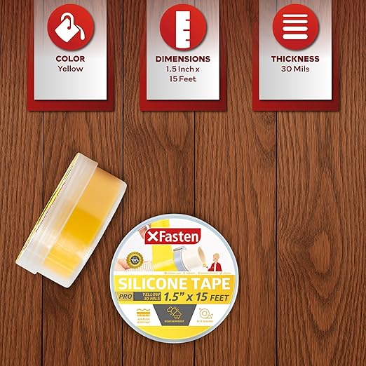 XFasten Self-fusing Silicone Tape Pro, Yellow, 1.5-Inch x 15-Feet, 30mils Non-Adhesive Thick Silicone Repair Tape for Leaky Pipe Drain, Tool Grip, Electrical Wires, PVC Pipe Leak, and Water Sealing