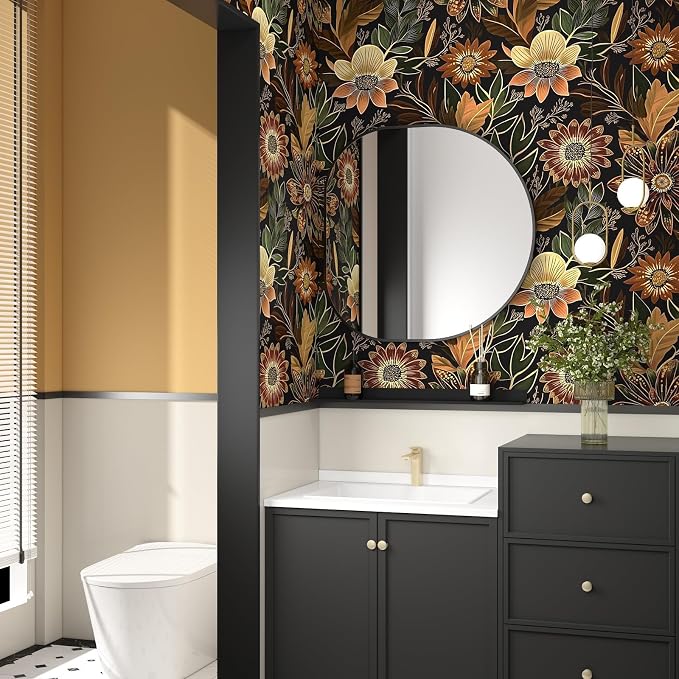 Laatse Boho Wallpaper Peel and Stick Dark Floral Wallpaper for Cabinet Vintage Contact Paper Waterproof Self Adhesive Removable Modern Wall Paper for Bedroom Stair Bathroom 17.5in x393in