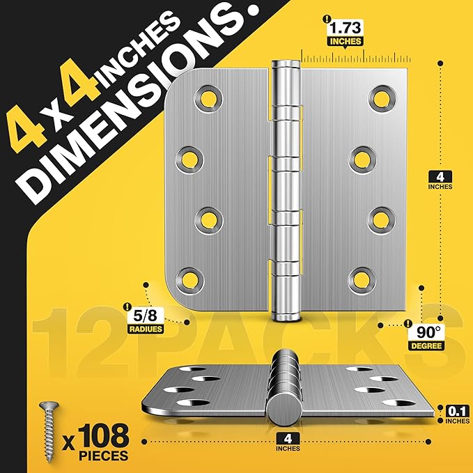 KOLET Ball Bearing Door Hinges, 4 x 4 Inches Stainless Steel Hinges, Exterior Door Hinges, Square and 5/8'' Radius Corner, Smooth and Quiet, Non Removable Pin, Brushed Nickel, 12 Pack