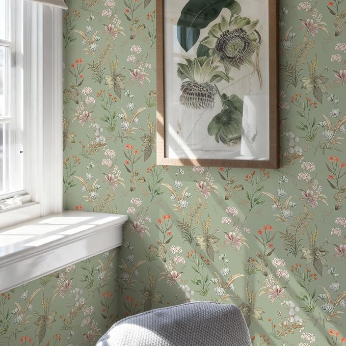 Simon&Siff Vintage Floral Peel and Stick Wallpaper 1200" x 17.3" | Sage Green Botanical Contact Paper, Self Adhesive Removable Wall Paper, Renter Friendly, Bedroom Cabinets DIY Decor