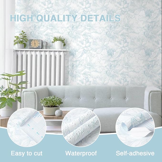 78.7"x17.3" Peel and Stick Wallpaper Blue Floral Contact Paper Boho White Modern Wallpaper Removable Self Adhesive Wall Paper for Bedroom Bathroom Cabinets Drawers Thicken Vinyl Roll
