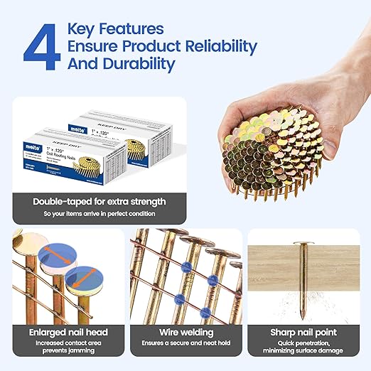meite 14,400PCS Coil Roofing Nails 1-Inch Leg for Roofing Nailer Gun, 15 Degree Round Head Wire-Weld Collated Coil Nail, Professional Contractor-Pack Roofing Nails for Roof Repair Asphalt Shingles
