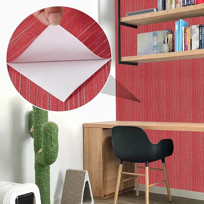 Burgundy Red Grasscloth Peel and Stick Wallpaper Texture Contact Paper 15.7"x480" Vintage Wallpaper Removable Waterproof Wall Paper for Room Walls Cabinets Furniture Drawers Desk