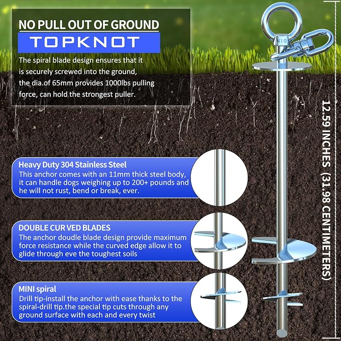 TOPKNOT Dog Tie Out Cable and Stake,45FT Heavy Duty Cable,360°Swivel Dog Run- No Tangle,Runner for Yard- Up to 150LBS,Ideal for Outdoor Camping
