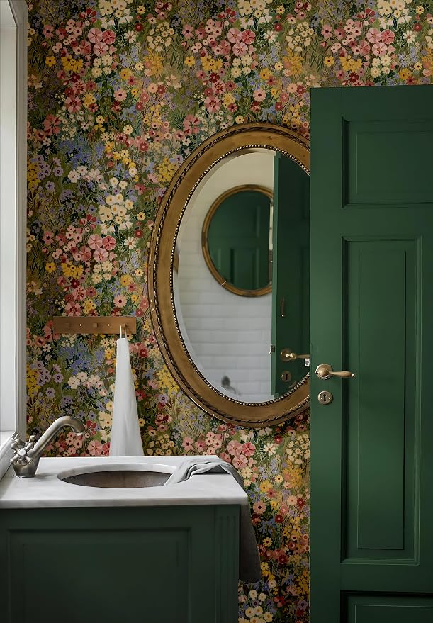 Floral Wallpaper Peel and Stick Boho Wall Paper Removable Waterproof Green Petal Pattern Contact Paper for Bedroom, Bathroom, Home Wall 17.3" x 393.7" | Vinyl Textured Stick on Wall paper DIY Self-adhesive Removable Waterproof Boho Green/Yellow/Pink fo...