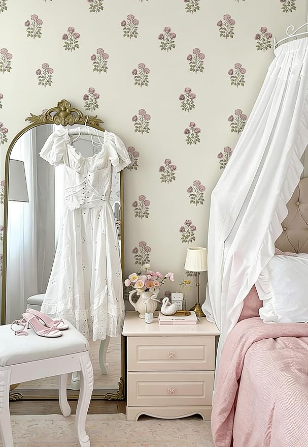 17.3" × 118.1" Vintage Floral Wallpaper Retro Rose Flower Contact Paper for Cabinets Self Adheisve Beige Floral Wallpaper for Bedroom Accent Wall Cabinets