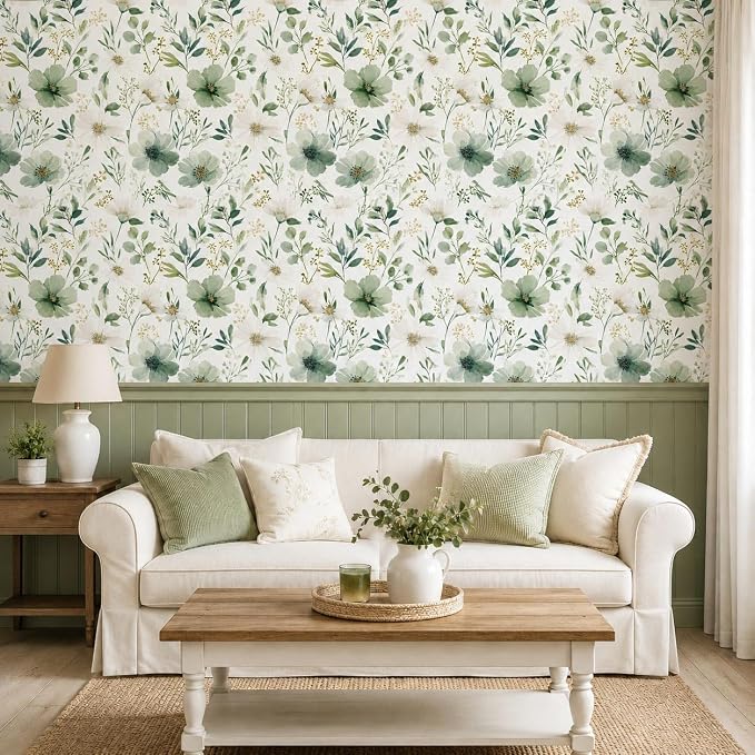 Sage Green Floral Peel and Stick Wallpaper 17.7" x 118" | Thick removable watercolor natural flower design for renters and bedroom accent walls