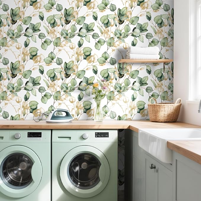 Livelynine Sage Green and Gold Botanical Wallpaper Peel and Stick Elegant Muted Green Eucalyptus Leaf Wallpaper Prepasted Removable White Gold Boho Contact Paper for Cabinets Classroom Wall 17.5x78.8