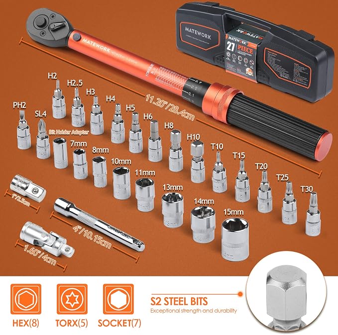 1/4 Inch Drive Click Torque Wrench, 27 PCS Bike Torque Wrench Set Double Scale (1-25Nm/8.9-221.3lb.in), 0.1Nm High Precision with Bit Sockets, 3/8 Adapter, Extension Bar, for Bicycle Maintenance