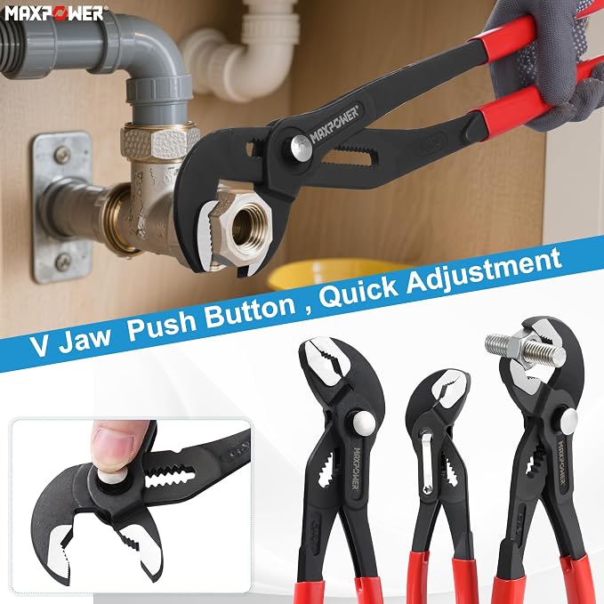 MAXPOWER 7" 10" 16" Water Pump Pliers Set, Push Button V Jaw, Quick Release | 3-Piece Adjustable Tongue and Groove Pliers with Carrying Bag, Plumbing Tool for Homeowner Plumber HVAC Mechanic