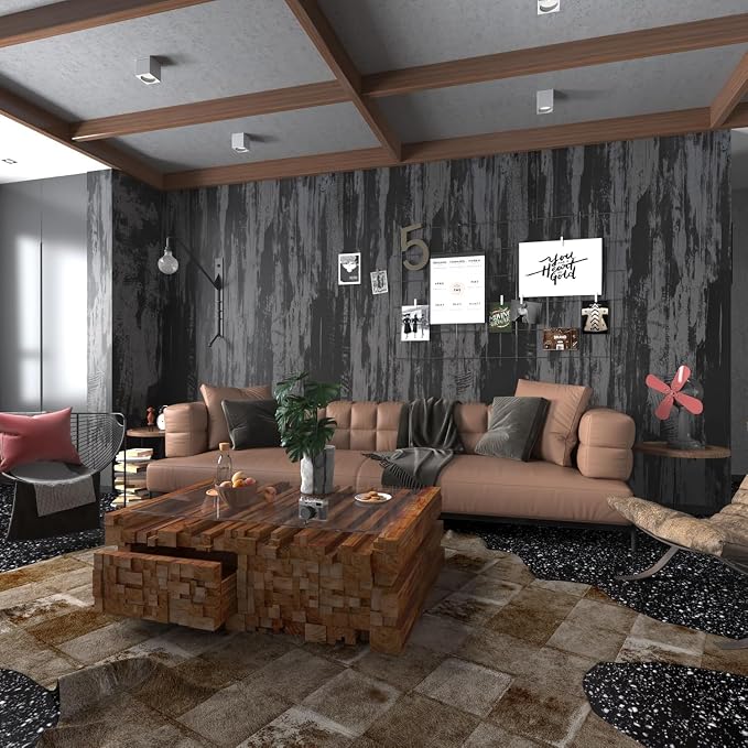 BOMENG Extra Wide Concrete Peel and Stick Industrial Wallpaper 48"x197" Black Cement Contact Paper with Air Guide Slot Design Glossy Industrial Wall Paper Wall Covering Bathroom Living Room Bedroom