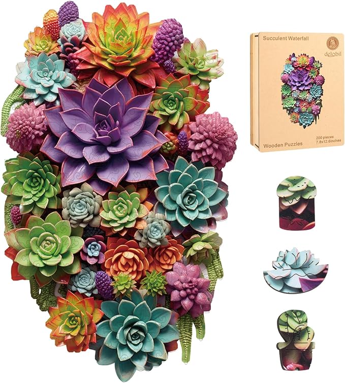Delobil Puzzles for Adults with Puzzle Saver - Succulent Wooden Puzzle Gifts Unique Adult Jigsaw Puzzles Brain Teaser Family Game 200 Pieces 12.6" X 7.8"