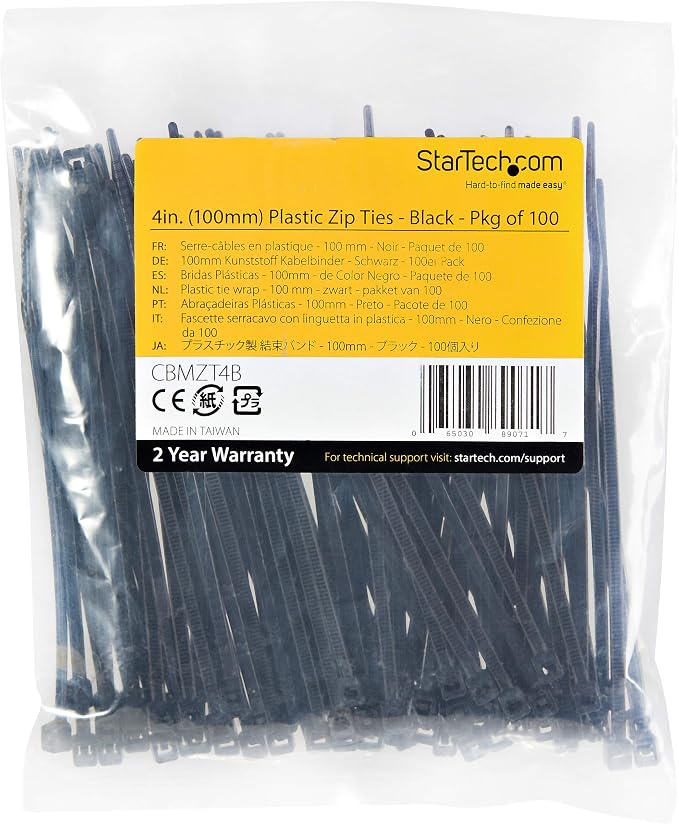 StarTech 4"(10cm) Cable Ties, 94V-2/UL Listed, Black, TAA (CBMZT4BK) | 3/32"(2.5mm) wide, 7/8"(22mm) Bundle Diameter, 1000 Pack, 18lb(8kg) Tensile Strength, Nylon Self Locking Zip, Curved Tip