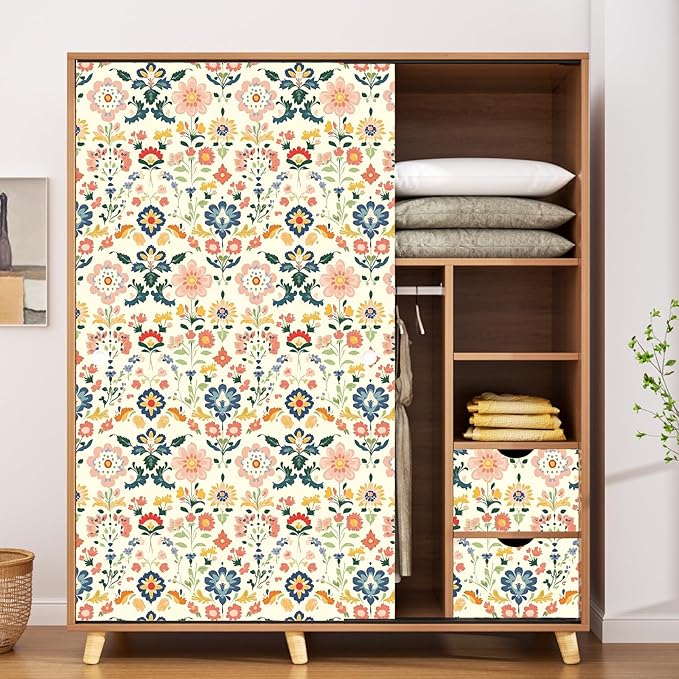 ILHIIOR Pink Floral Peel and Stick Wallpaper Boho Leaf Contact Paper Yellow Flower Removable Self Adhesive Waterproof Wall Paper for Cabinet Drawers Wall Decor Renter Friendly 17.5''x118''