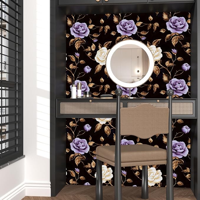 Dark Purple Gold Rose Floral Wallpaper Peel and Stick 17.5''x393'' | Self Adhesive/Removable/Waterproof/Thick Vinyl Contact Paper for Bathroom Bedroom Shelf Cabinet Drawer,Prepasted,Easy Peel