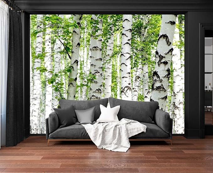 Cliouar-Photo Wallpaper Birch Forest Landscape Trees Poster Nature Lovers Green Forest Bedroom Decoration Mural 158"x110"(Not Peel and Stick)