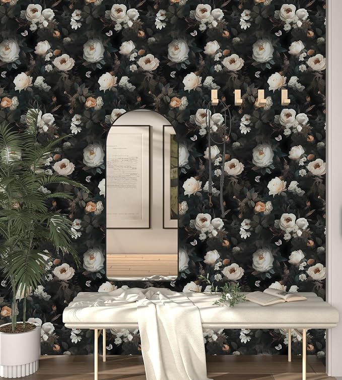 Fvlow Black White Floral Peel and Stick Wallpaper 17.4" x 394" | Renter Friendly, Removable & Waterproof, Vinyl Easy Install for Bedrooms, Bathrooms, Kitchens, Cabinets and Home Decor
