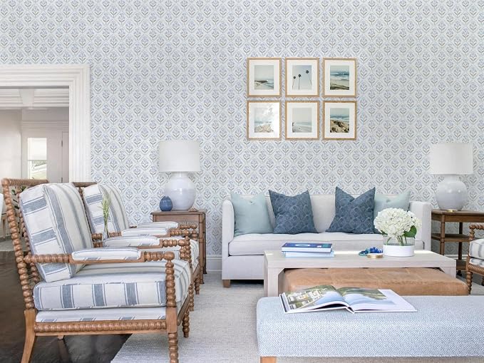 Dimoon Blue Peel and Stick Wallpaper Retro Floral Contact Paper Vintage Boho Cute Wallpaper Renter Friendly Removable Geometric Wall Paper for Bathroom Kitchen Textured Vinyl 17.3''x197''