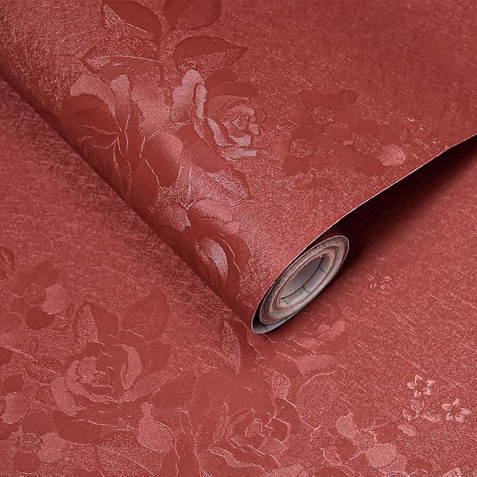 Red Wallpaper Burgundy Silk Texture Embossed Floral 118in17.7in | Thicken Vinyl Wallpaper,Retro Crimson Red Self Adhesive Wall paper for Bedroom, Easy to Use&Removal,Gift Paper Christmas