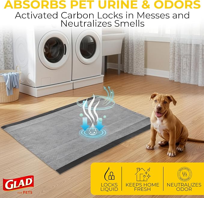 Glad for Pets Activated Carbon Dog Training Pads - Absorbent Large Disposable Dog Pee Pads for Dogs, XL Potty Pads for Dogs, Charcoal Puppy Pads with Adhesive Tabs, Jumbo Dog Pads, 28" x 30", 50 Count
