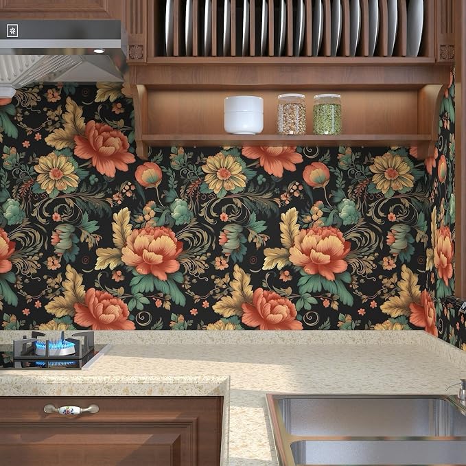 BOKEBEVE Floral Wallpaper Peel and Stick Vintage Black Orange 17.5 x 787In | Super Long Removable Renter Friendly Boho Leaf Wall Paper for Bedroom Bathroom Living Room Feature Accent Wall