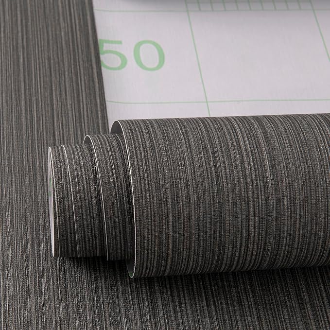 Black Grasscloth Peel and Stick Wallpaper Linen Textured 23.6"x787" Faux Grassweave Upgraded Thick Extra Large Self-Adhesive Neutral Contact Paper Vinyl Roll for Home Use