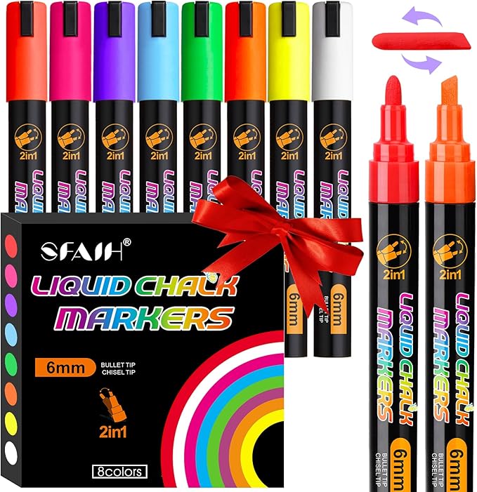 SFAIH Liquid Chalk Markers for Blackboard - Vibrant 8 Colors 6mm Reversible Tip, Wet Erase Marker for Chalkboard, Menu, Bistro, Signs, Windows, Glass, Labels, Dust-Free [1s Wet Wipe] - No Residue