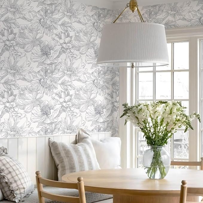 Ismoon Vintage Floral Wallpaper Peel and Stick Beige and Gray Contact Paper 17.3inx32.7ft Removable Self Adhesive Wall Paper for Bathroom Bedroom Cabinet Mural Wall Decor Vinyl Renter Friendly