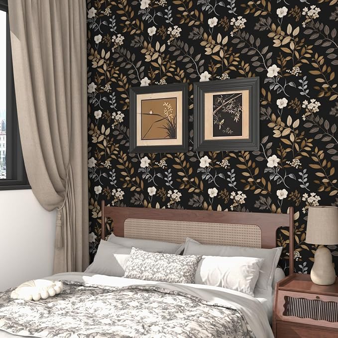 Floral Leaf Vintage Wallpaper Peel and Stick 17.5"x393", Black Gold | Self Adhesive/Removable/Waterproof/Thick Vinyl Contact Paper for Bathroom Bedroom Shelf Cabinet Drawer,Prepasted,Easy Peel