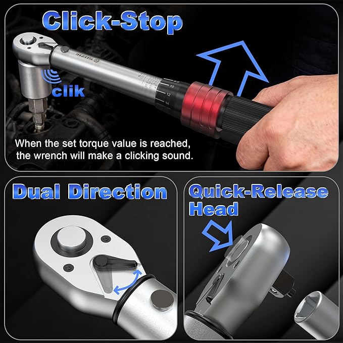 1/4 3/8 1/2 9PC Torque Wrench Set 20-220 In lb,5-45 &10-170 Ft lb,3 extension bar & 3 adapter,3% Accuracy,72 T,Chrome plated,anti-rust,no scratch & wear-resistant than Black,for DIY, bike,car & truck