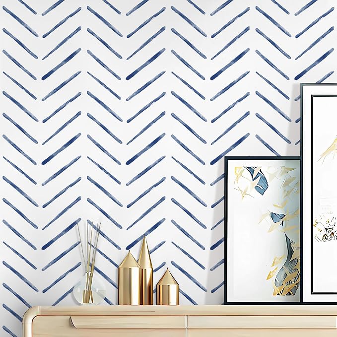 Rugreat Blue Herringbone Peel and Stick Wallpaper Modern 393inL17.3inW | Stripe Contact Paper for Cabinets Neutral Self Adhesive Removable Wallpaper for Bedroom Bathroom Waterproof Blue and White