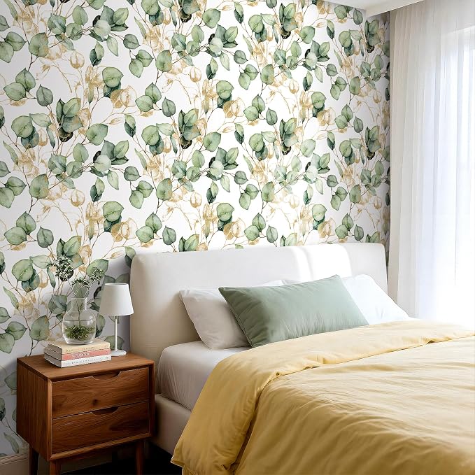Livelynine 17.5x591 Botanical Nature Peel and Stick Wallpaper Vintage Sage Green and Gold Wall Paper for Bedrooms Living Room Apartment Friendly Eucalyptus Leaves Botanical Contact Paper for Drawers