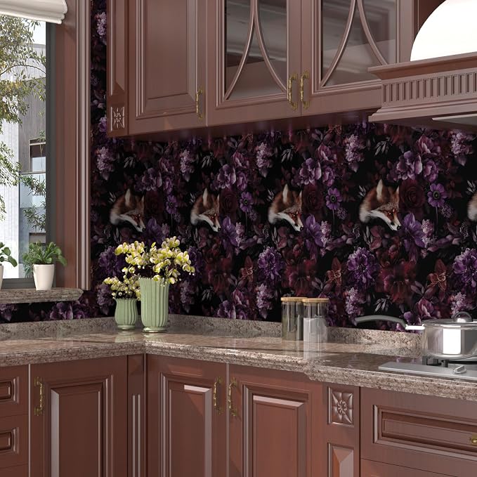 Gothic Black Red Fox Floral Wallpaper Peel and Stick 17.5"x118" | Self Adhesive/Removable/Waterproof/Thick Vinyl Vintage Contact Paper for Bathroom Bedroom Shelf Cabinet Drawer,Prepasted