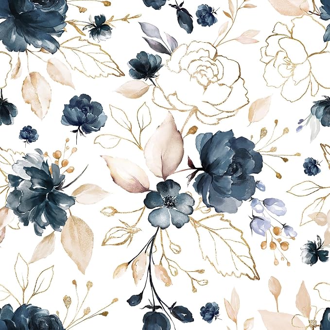 Navy Blue Floral Peel and Stick Wallpaper 17.7"x393.3" | Removable thick vinyl, watercolor botanical design, laundry room, bedroom, bathroom, renter friendly accent walls