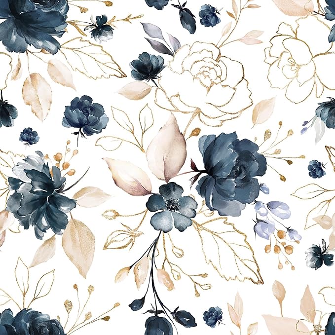 Navy Blue Floral Peel and Stick Wallpaper 17.7"x78.8" | Removable thick vinyl, watercolor botanical design, laundry room, bedroom, bathroom, renter friendly accent walls