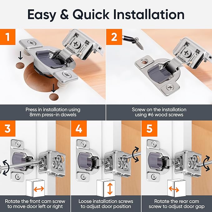 Decobasics 50 Pack Soft Close Cabinet Hinges 1-3/8" Overlay for Kitchen Cabinet Doors, Slow Self-Closing Concealed Hidden Hinges for Face Frame –Stainless Steel, 3-Way Adjustable & Quiet Close Damper