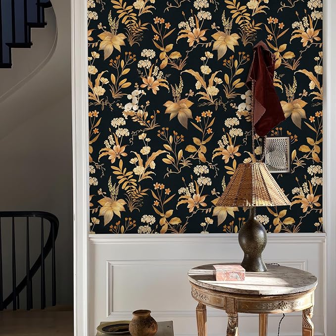 Simon&Siff Vintage Floral Peel and Stick Wallpaper 17.3" x 120" | Black Gold Botanical Contact Paper, Removable Wall Paper, Renter Friendly, for Cabinets, Furniture, DIY Decor