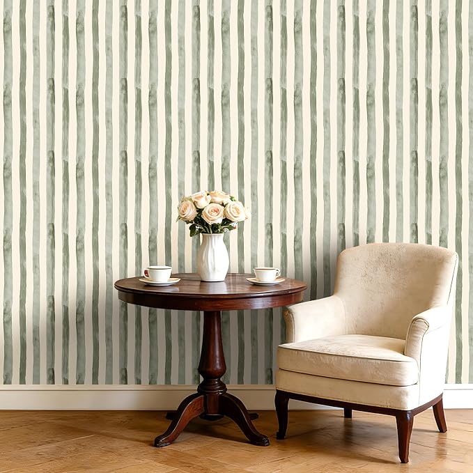 17.5x393 Striped Peel and Stick Wallpaper Watercolor Sage Green Neutral Wallpaper for Bathroom Nursery Boys Room Kids Renter Friendly Light Green Off White Striped Contact Paper Adhesive