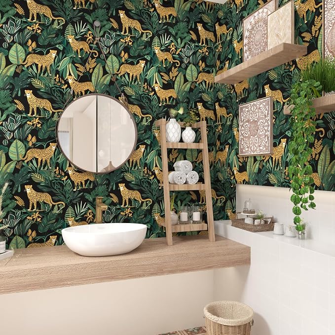Black Gold Vintage Leopard Peel and Stick Wallpaper 17.5" x 787" | Waterproof Vinyl Self Adhesive Removable Renter Friendly Floral Contact Paper