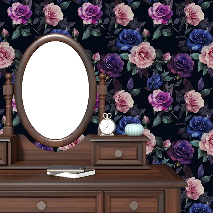 Gothic Purple Floral Wallpaper Peel and Stick 17.5" × 118" | Self Adhesive/Removable/Waterproof/Thick Vinyl Contact Paper for Bathroom Bedroom Shelf Cabinet Drawer,Prepasted,Easy Peel
