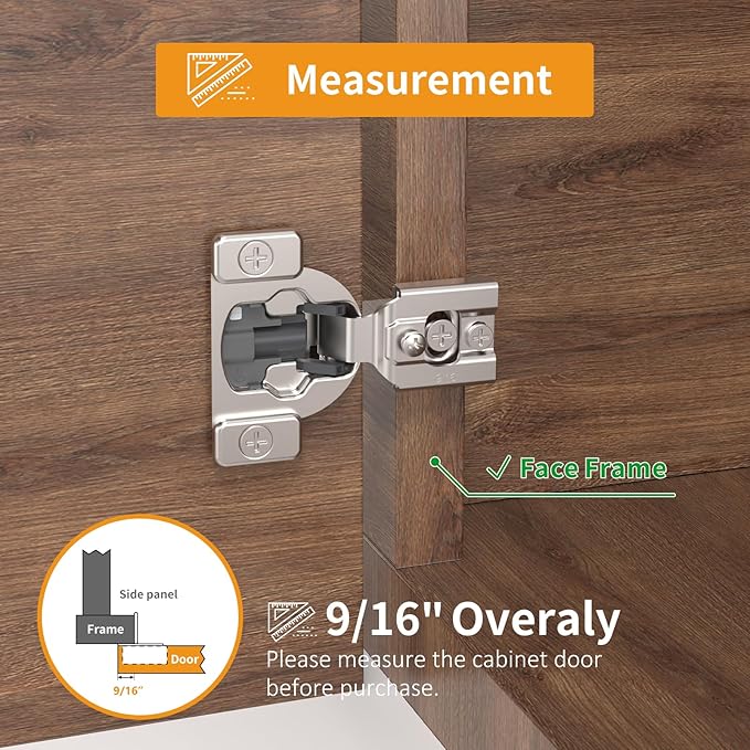Chibery 50 Pack 9/16" Overlay 4D Concealed Hinges for Face Frame Door, Soft Close On/Off Switch, Self Closing, 105° Open Angle Concealed Stainless Steel Hinges for Framed Cabinet, Satin Nickel
