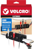 VELCRO Brand Cord Organizer for Desk & Nightstand, 5 Cable Slots with Sleeve Routing, Adhesive Wire Holder for Cord Management, Home, Workshop, Gaming & Office Essentials, Black 2 Pack